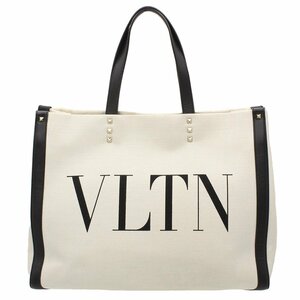 ★D2814 美品!! ヴァレンティノ VLTN ロゴ スタッズ キャンバスｘレザー トートバッグ ナチュラル×ブラック XW2B0D21FWB_EX9 レディース★