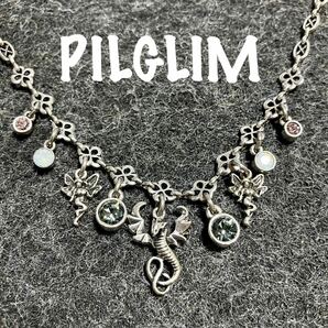 【m】ピルグリム PILGLIM チャーム ネックレス 妖精 ドラゴン ストーン シルバーカラー