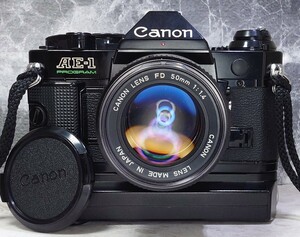 【整備済収集品】 Canon AE-1 Program 黒 美品＋NEW FD 50mm f1.4＋ワインダーA2 各動作良好 露出計OK 光学連写OK 持病シャッター鳴きなし