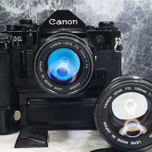 【終活】 Canon A-1 美品＋NEW FD 50mm f1.4＋FD 135mm f3.5＋強力モータードライブMA 各動作良好 露出計OK 光学連写OK 持病鳴きなしの画像1