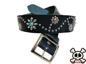  Tochigi leather flower type studs belt navy aqua blue spo tsu made in Japan one sheets leather belt 