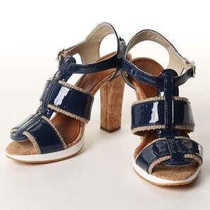 価格5万円 ルコライン エナメルレザーコルクヒールサンダル 牛革