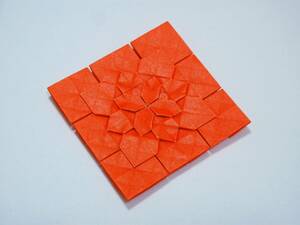 あじさい折り　タイル　折り紙　オレンジ　tile　Hydrangea　origami　ハンドメイド