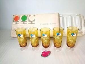 ADERIA GLASSate rear color glass with legs [ fantasy ] sunflower yellow 5 customer . tumbler Showa Retro [ unused ] long-term keeping goods 