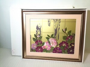 ふしぎな花倶楽部 　押し花絵額　 『さざんか)』　額装/額縁　(49こがね額)　押し花　アートフラワー　 共箱　⑦