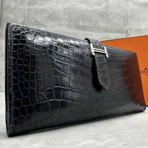 1円■美品/マチあり■ 定価130万円 エルメス HERMES メンズ クロコダイル アリゲーター 鰐革 ベアンスフレ 長財布 シルバー H金具 黒 