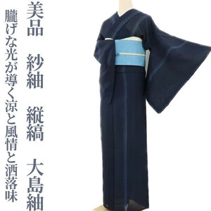 ゆめsaku2 美品 紗紬 縦縞 夏着物 仕付け糸付 正絹“朧げな光が導く涼と風情と洒落味”大島紬 1844