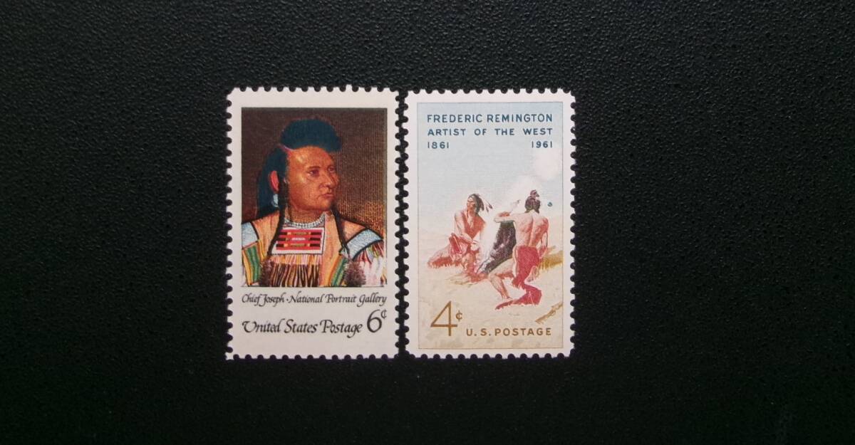 Von den Vereinigten Staaten von Amerika herausgegebene Briefmarken der amerikanischen Ureinwohner, darunter Gemälde von Frederic Remington, 1 Typ x 2 komplett, NH, ungebraucht, Antiquität, Sammlung, Briefmarke, Postkarte, Nordamerika