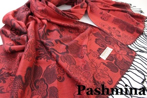 新品【Pashmina パシュミナ】フラワー 華 ペイズリー柄 大判 中薄手 ストール レッド系 ブラック Cashmere カシミア100%