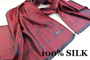 新品【SILK シルク100%】ペイズリー 幾何学柄 大判 ストール/スカーフ レッド系 ブラック