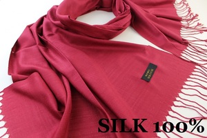 新品【SILK シルク100%】無地 Plain 大判 薄手 ストール W.RED 濃赤 ワインレッド系