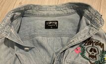 希少 stussy Skull Bone embroidery denim shirt デニムシャツ スカル ボーン 刺繍 L size _画像8