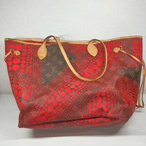 1円〜 3M LOUIS VUITTON ルイヴィトン トートバッグ ネヴァーフルMM 草間彌生パンプキンドット モノグラム・ウェーブ 赤 レディースの画像1