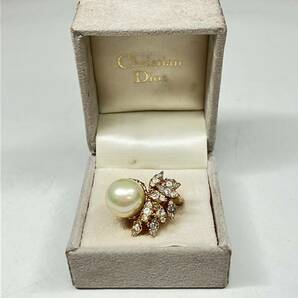 1円〜 3T Christian Dior クリスチャンディオール 指輪 リング 真珠 パール レディース アクセサリー 箱付き ゴールドカラー の画像1