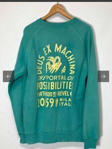 新品未使用タグ付き！DEUS EX MACHINA デウスエクスマキナ スウェット SUNBLEACHED POSSIBILITIES CREW LIGHT GREEN Lサイズ　ダメージ加工