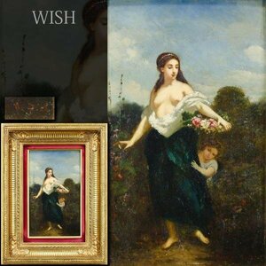 【WISH】西洋古画 サイン有 板に油彩 ◆古い作品 花を摘む裸婦と子供名品　 #24033117