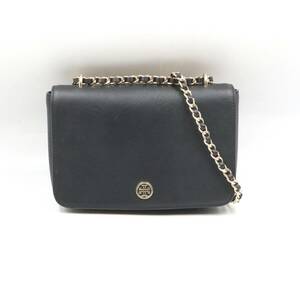 ★【良品】TORY BURCH トリーバーチ レザー チェーン クロスボディ ショルダーバッグ 斜め掛けかばん レディース ブラック系