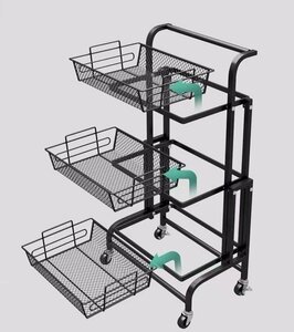 キッチンワゴン キッチン キャスター付き 3段 カゴ独立 角度調整 リビング ブラック 206bk