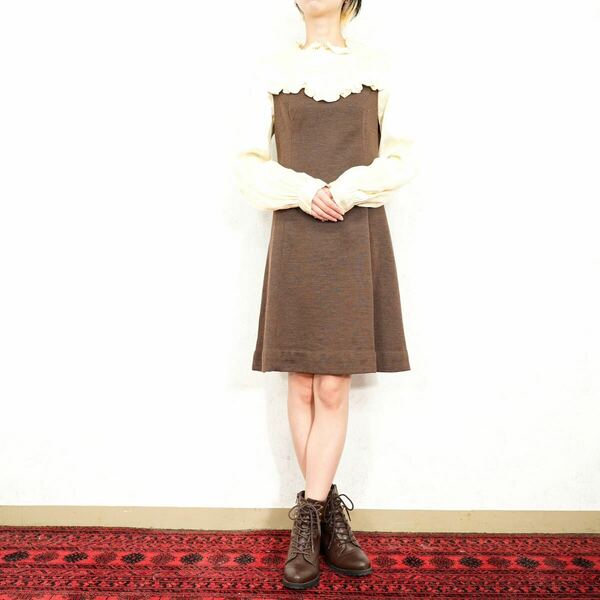 *SPECIAL ITEM* 60's USA VINTAGE FRILL DOCKING WOOL ONE PIECE/60年代アメリカ古着フリルドッキングウールワンピース