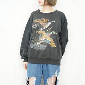 USA VINTAGE DUCKS PRINT DESIGN SWEAT SHIRT/ America б/у одежда утка принт вышивка тренировочный 