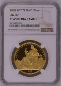 【記念貨幣】1988年スイスルツェルン「嘆きのライオン」プルーフ金貨ゴールドコイン NGC PF65 UCAM 高鑑定品★重さ１Oz、直径31ｍｍ E29