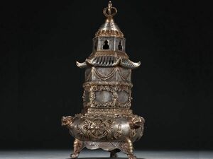 【瓏】古銅鏨刻彫 塗金寶鼎香薰炉 時代物 銅器 古賞物 中国古玩 蔵出