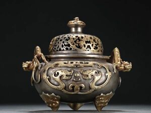 【瓏】古銅鏨刻彫 塗金魑龍耳香薰炉 明代 宣徳年製款 銅器 古賞物 中国古玩 蔵出