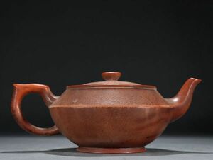 【瓏】紫砂彫 素紋茶壺 景舟製壺銘 近時代 中国陶磁器 後手急須 茶壷 茶道具 置物 蔵出