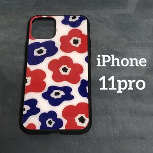 iPhone11proケース 強化ガラス北欧花柄　レッド　ネイビー　管理ネイビ2