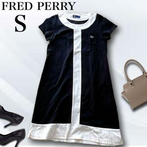Fred Perry Fred Perry One-piece short sleeves black white knee height S cotton bai color brand lady's made in Japan Logo 