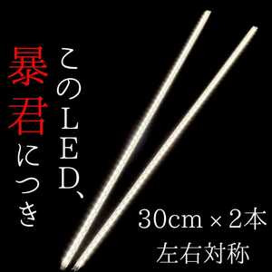 【超明るい純白光 正面発光】30cm 完全防水 左右2本 暴君LEDテープライト イルミ 爆光 薄い 細い 極薄 極細 12V 車 バイク 白色 デイライト