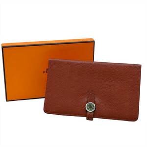 HERMES Hermes dogonMM purse wallet togo leather red tea red Brown #*E