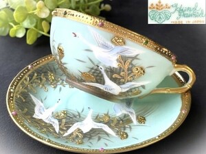 明治～大正期輸出品　美品 希少 フライングスワン　白鳥飛翔紋様図　エナメルジュエル 卵殻手 エッグシェル　金盛上　c&S