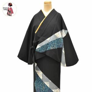 1円 美品 二部式着物 セパレート型 小紋 化繊 黒色 着物 同梱可 【kimonomtfuji】 3nfuji43850