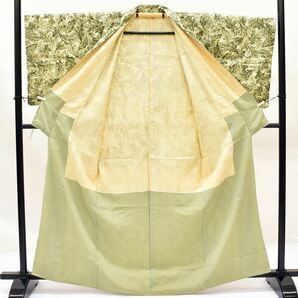 1円 小紋 正絹 白 緑 葉文様 身丈155cm レトロ 着物 同梱可 【kimonomtfuji】 3nfuji43781の画像2