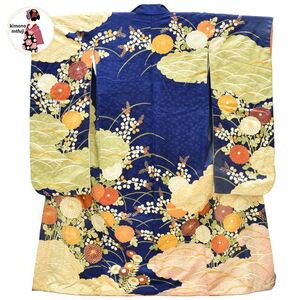 1 jpy long-sleeved kimono silk blue series . Hagi gold piece embroidery length 162cm kimono including in a package possible [kimonomtfuji] 3nfuji44169