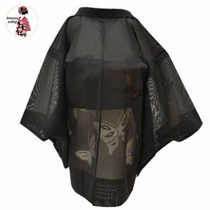 1円 美品 長羽織 夏物 絽 黒色 蝶文様 身丈81cm 同梱可 【kimonomtfuji】 1nfuji44184の画像1