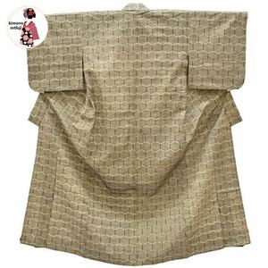 1円 紬 単衣 正絹 グレー系 亀甲文様 身丈161cm つむぎ 着物 同梱可 【kimonomtfuji】 3nfuji44160