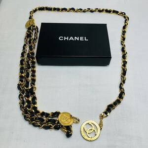 CHANEL シャネル 3連 チェーン ベルト ココマーク ゴールド ブラック レザー メッキ ヴィンテージ 003 USE品 1円スタート