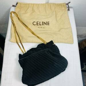 CELINE セリーヌ チェーン ハンドバッグ レザー ゴールド×ブラック レディース ヴィンテージ 003 USED品 1円スタート