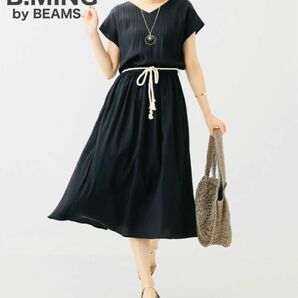 B:MING by BEAMS フレアワンピース ブラック ミモレ丈 ワンピース 上品 フレンチスリーブ Vネック 涼しい