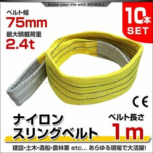 10本セット ナイロンスリングベルト ベルトスリング スリングベルト 2400kg 荷上げ 耐荷重 2.4t × 1m 幅 75mm