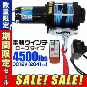 【数量限定セール】未使用 電動ウインチ 12v 4500LBS（2041kg） 電動 ホイスト 電動 ウインチ ロープタイプ 電動ウィンチ 引き上げ機 牽引