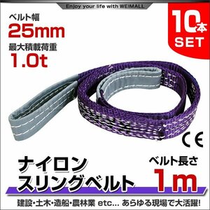 未使用 10本セット ナイロンスリングベルト ベルトスリング スリングベルト 荷上げ 耐荷重 1t 1m 幅 25mm 牽引 吊り上げ