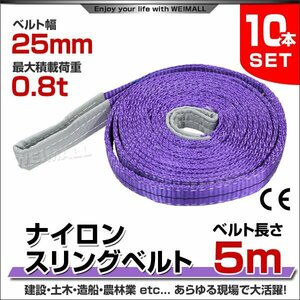 10本セット ナイロンスリングベルト ベルトスリング スリングベルト 荷上げ 耐荷重 0.8t 5m 幅 25mm