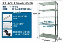 未使用 スチールラック ワイヤーラック ワイヤーシェルフ オープンラック 5段 90×45×180cm テレビ台 業務用 棚 マルチラック 物置 什器_画像8