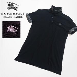 バーバリーブラックレーベル　半袖ポロシャツ　鹿の子　黒　ホースロゴ刺繍　サイズ2