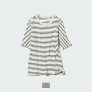 ユニクロ カットソー Tシャツ ボーダー M リブボーダー クルーネックT （5分袖）未使用 タグ付き 【送料無料】