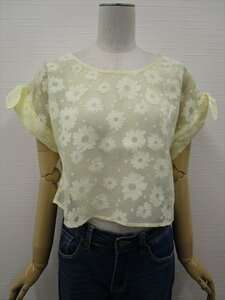 美品 ページボーイ pageboy 半袖 ラウンドネック レースプルオーバーブラウス F イエロー地 ホワイト 花柄 【メール便可】