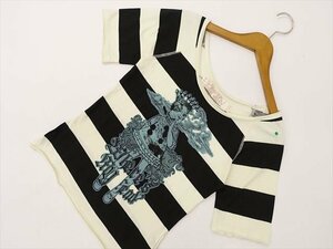 美品 ザラ ZARA ラグランスリーブ 五分袖 ラウンドネック カットソー S アイボリー×ブラック ボーダー柄 洗える 【メール便可】